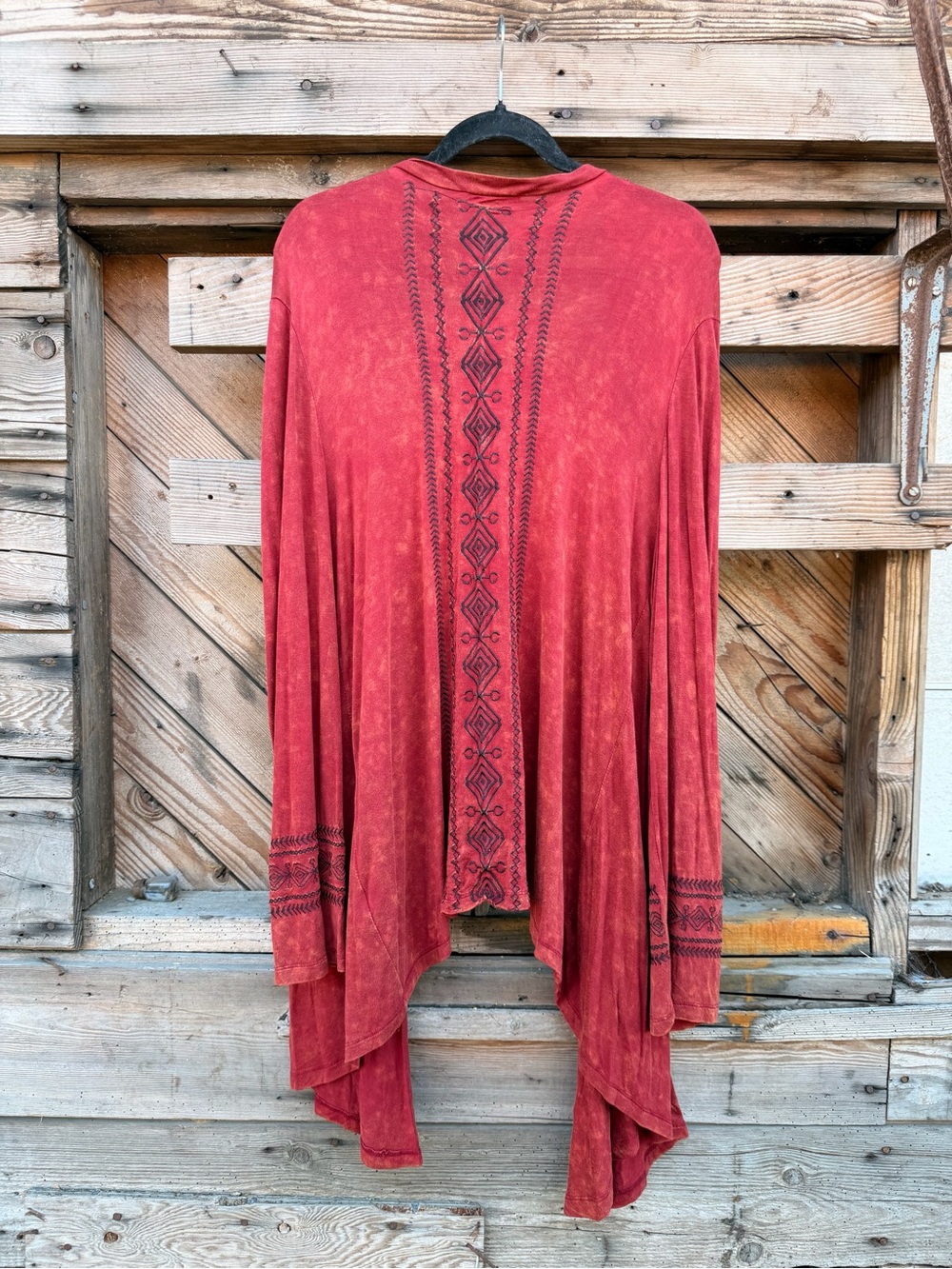 POL Rust Red Open-Front Embroidered Draped Cardigan